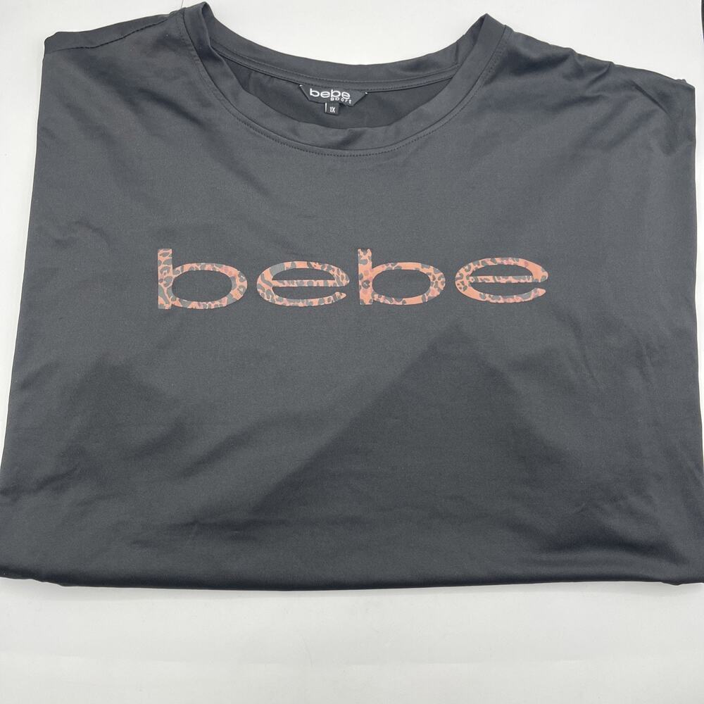 bebe Sport Women Size 1X Shirt Black with Leopard Design Logo, Light Pre-owned